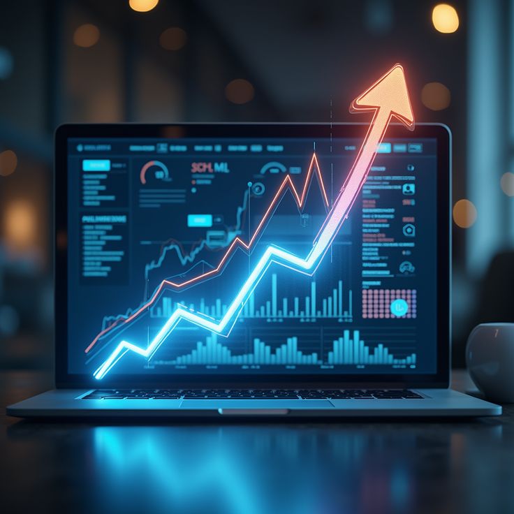 A dramatic, close-up shot of a laptop screen displaying a dark-themed digital dashboard with glowing neon-blue and orange data visualizations. A prominent, thick, upward-trending arrow graph, representing successful growth and traffic, shoots diagonally across the screen and off the top edge. The glowing line graph visualizes sharp increases, suggesting a successful **Best SEO Strategy for eCommerce Website** leading to exponential growth. The background is a dimly lit, professional office environment with blurred bokeh lights.